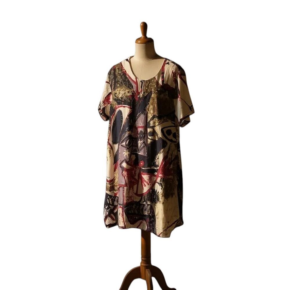 Picasso Style Abstract Boho Hippie Dress Ladies XL Shift Short Sleeves Funky